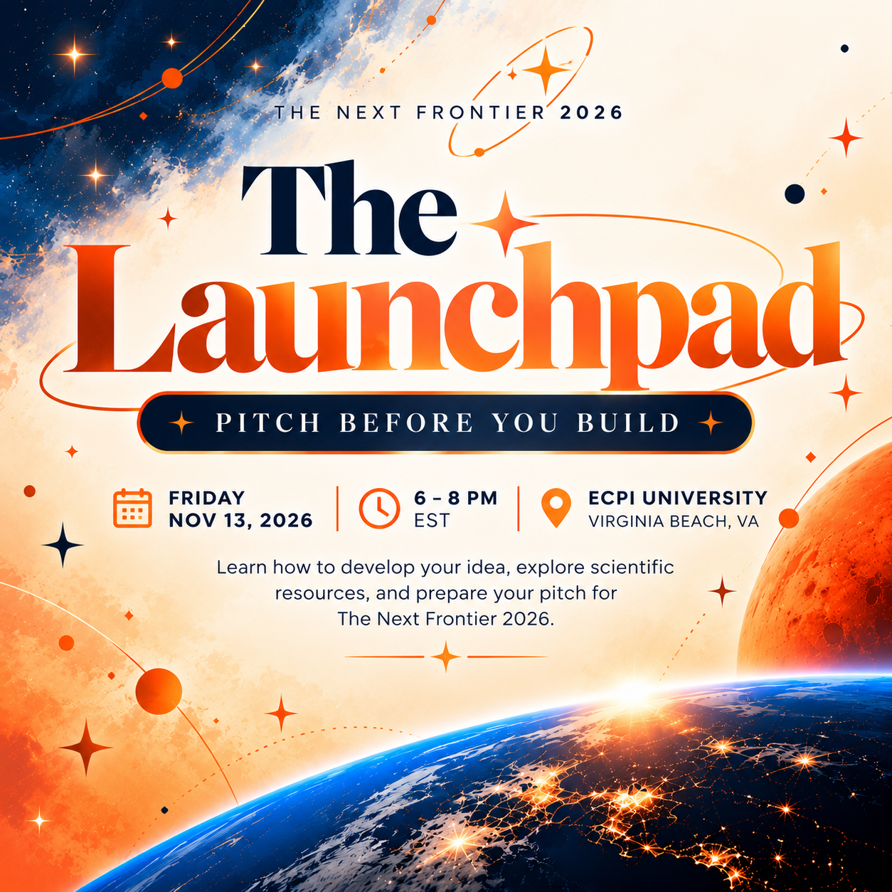 The Launchpad event poster — Friday, November 13, 2026, 6–8 PM at ECPI University, Virginia Beach