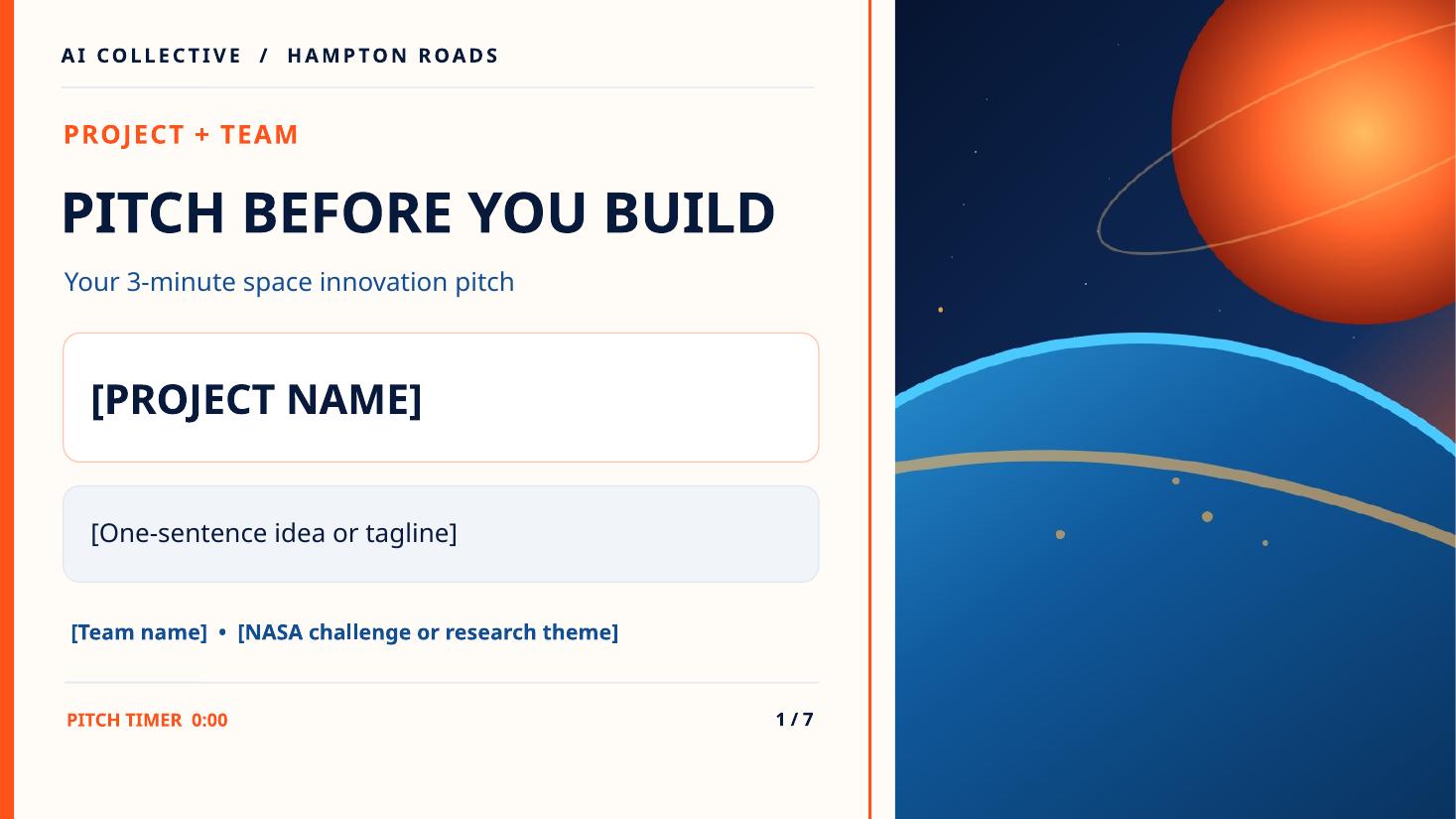 Template slide 1: pitch before you build, project and team