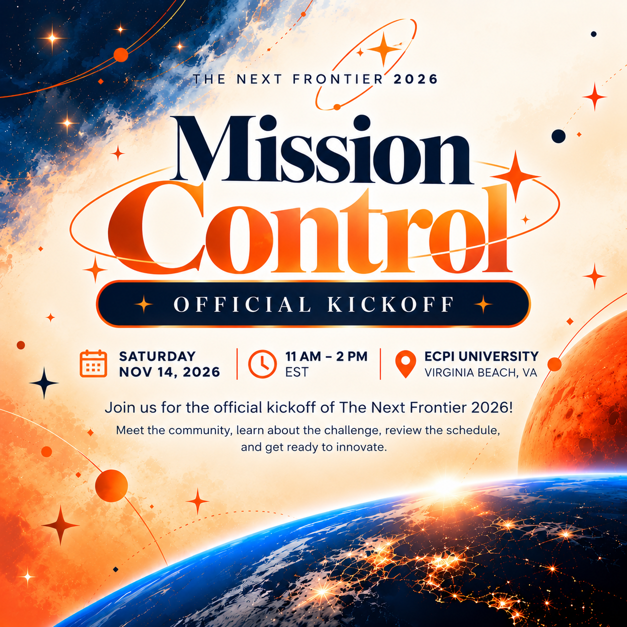 Mission Control event poster — Saturday, November 14, 2026, 11 AM–2 PM at ECPI University, Virginia Beach